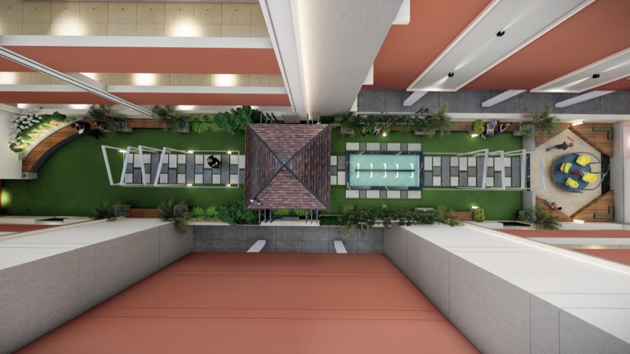 Aerial view of podium with water fountain, pergola and play areas