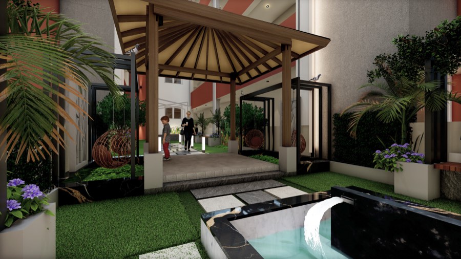 Pergola seating and water cascade at the podium garden