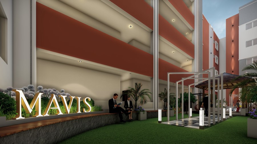 Landscaped podium garden with Mavis signage
