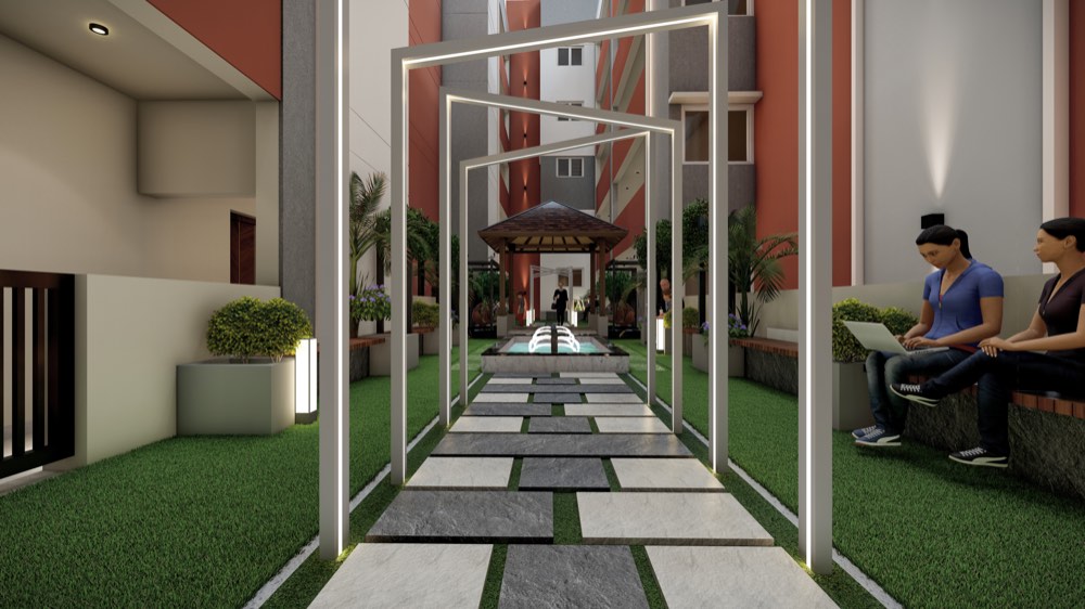 Illuminated pergola walkway and water feature at MP Mavis podium