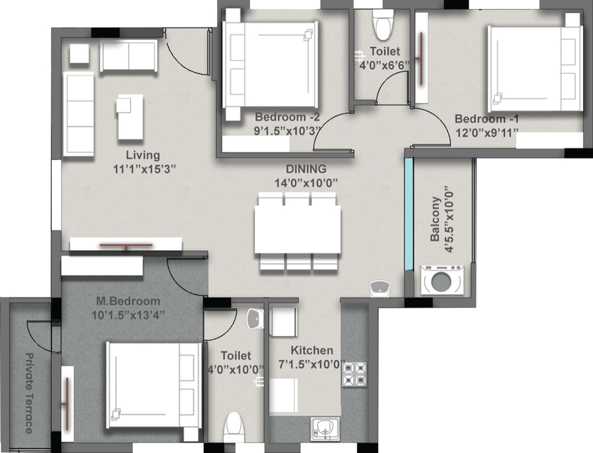 Representative 3 BHK + 2T floor plan at MP Mavis