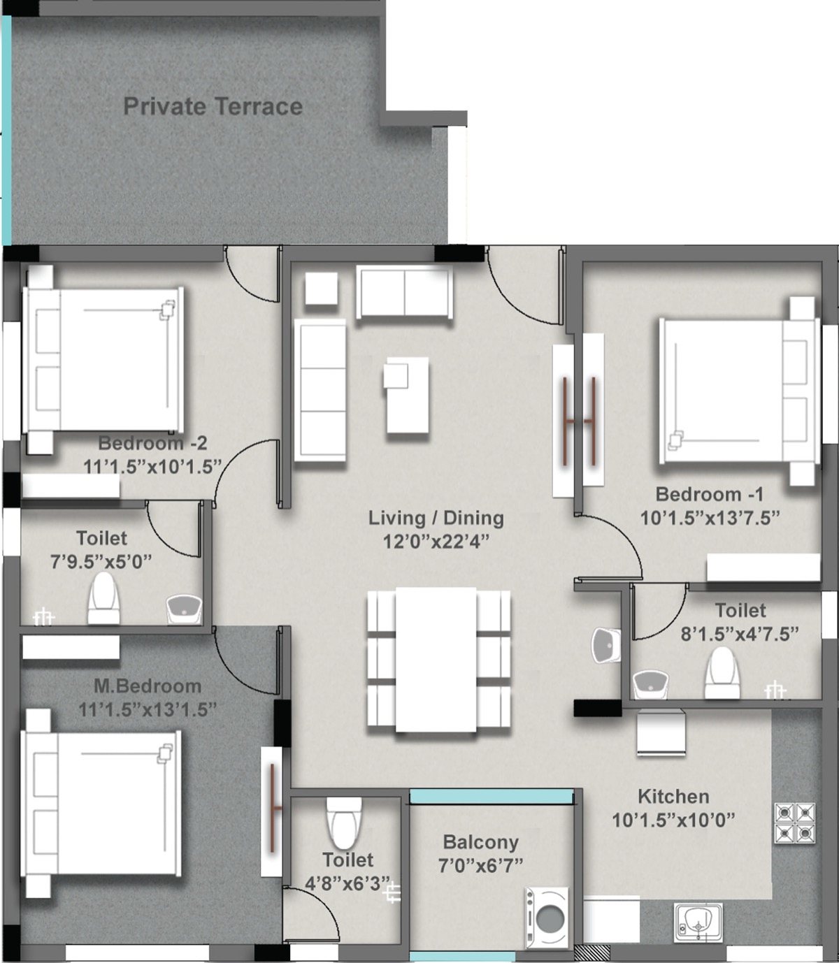 Representative 3 BHK + 3T floor plan with private terrace at MP Mavis